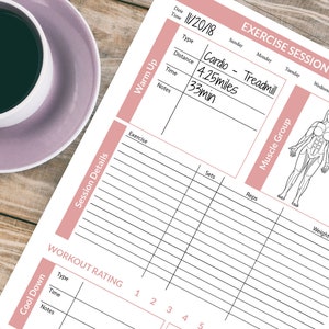 May include: A printable exercise session tracker with a pink and white colour scheme. The tracker includes sections for warm-up, cool-down, workout rating, session details, and muscle group. The date is 20th November 2018. The tracker includes a section for cardio with the text "Cardio - Treadmill" and the distance "4.25 miles" and time "33 min".