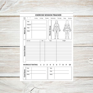 May include: A printable exercise session tracker with a workout rating scale from 1 to 10. The tracker includes sections for warm-up, cool-down, and session details. It also features a muscle group diagram with a front and back view.