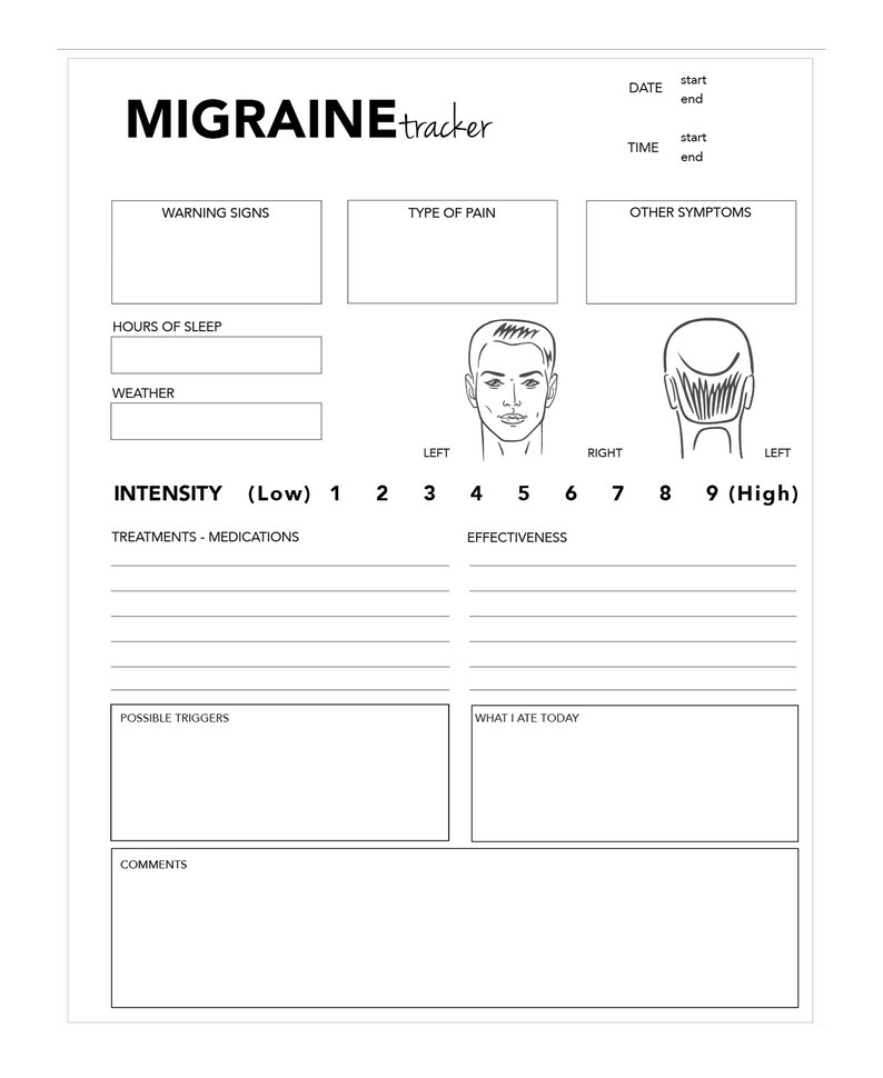 Migraine Tracker For Men Black White Printable Download Etsy