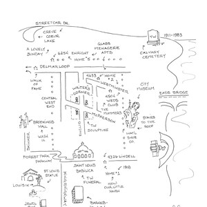Peut inclure: Carte dessinée à la main du Tennessee Williams Trail, avec des points de repère tels que le cimetière Calvary et la basilique Saint-Louis. La carte comprend des noms de rues et des points d'intérêt, le tout à l'encre noire sur fond blanc.