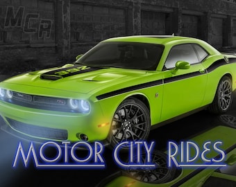 May include: A bright green Dodge Challenger with black racing stripes and a black hood scoop. The car is parked in front of a brick wall with the words "MOTOR CITY RIDES" in blue letters on the bottom of the image.