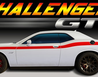 May include: White Dodge Challenger GT with red and white racing stripes. The car has black wheels and a black rear spoiler.