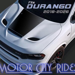 May include: White SUV with a black hood stripe. The text "Fits DURANGO 2018-2026" is displayed across the top of the windshield. The words "MOTOR CITY RIDES" are displayed in blue at the bottom of the image.