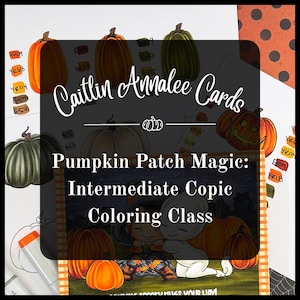 Puede incluir: Ilustración para una clase de coloreado titulada "Pumpkin Patch Magic: Intermediate Copic Coloring Class" de Caitlin Annalee Cards. La imagen presenta varias calabazas naranjas y verdes, junto con una bruja y un fantasma de dibujos animados.
