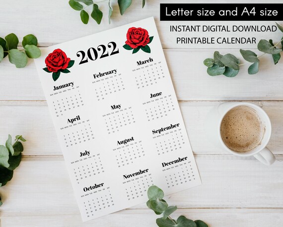 22 Yearly Calendar With Rose Design Instant Digital Etsy