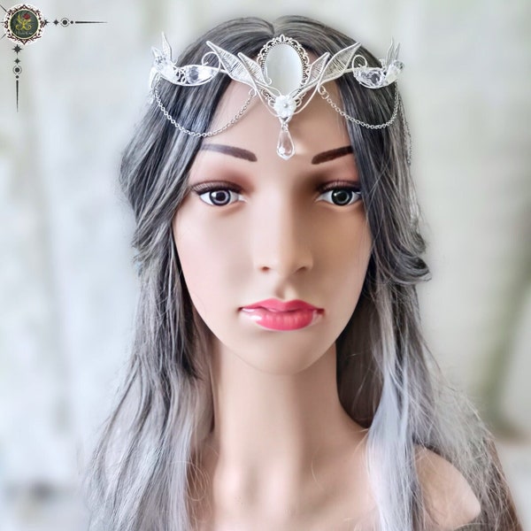 Diadème blanc élégant - Diadème argenté et blanc avec cristaux et oeil de chat, idéal pour une mariée elfique, bijoux de mariée, bijoux de luxe