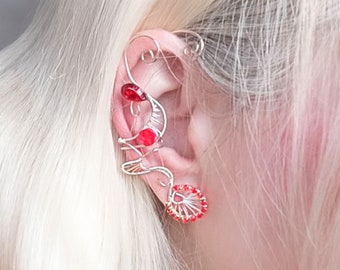 Silver Ear Cuff with Red Crystals - Statement Jewelry for Unique Style, Elegant Red Ear Cuff earring, no pierce earring, wrap-around earring