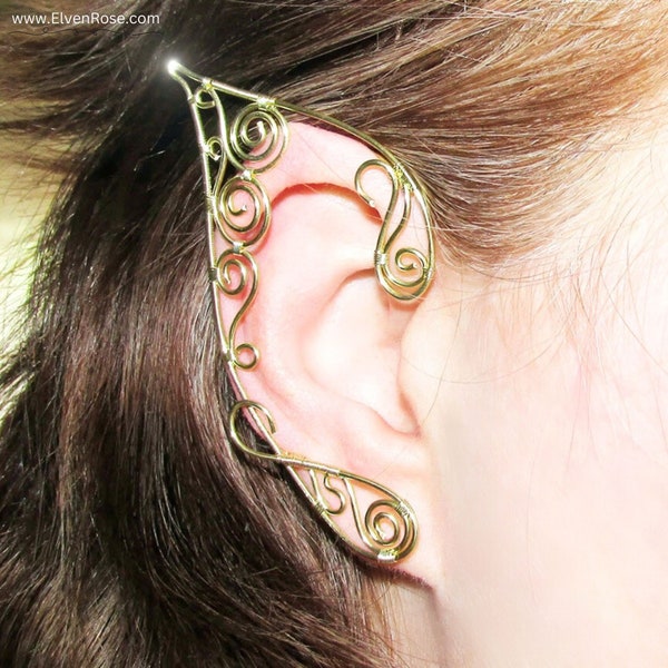 Golden Swirl Elf Ears Earrings - Fantasy Gift for Her, Elegant Elfish Ear Cuffs, Elven Costume Accessories, Wire elf ears, Gold Elven Ears