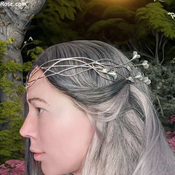 Elven Tiara - Herrin des Lichts - Tolkien Fantasy Kopfschmuck, Ethereal Elvish Stirnband, Handgefertigte Waldland Krone, Mythischer Kopfschmuck