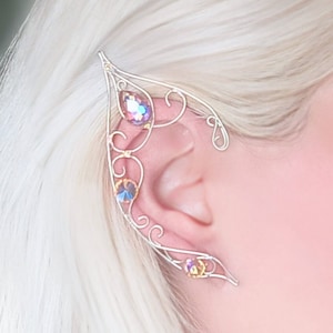 Regenbogen Elfenohren: Swarovski Crystal Silver Wire Wrap, Cosplay Schmuck