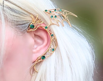 Golden Dragon Ear Wrap with Emerald Eyes - Mythical Fantasy Ear Cuff, Dragon Lover Gift, Statement Earring, Fantasy Jewelry, Dragon Jewelry