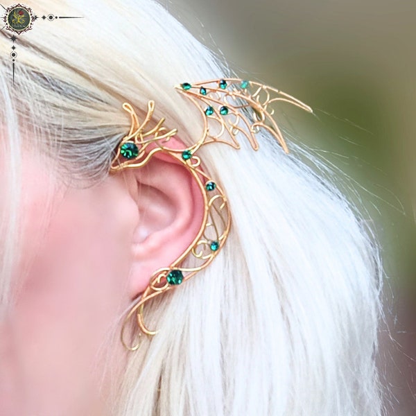 Golden Dragon Ear Wrap with Emerald Eyes - Mythical Fantasy Ear Cuff, Dragon Lover Gift, Statement Earring, Fantasy Jewelry, Dragon Jewelry