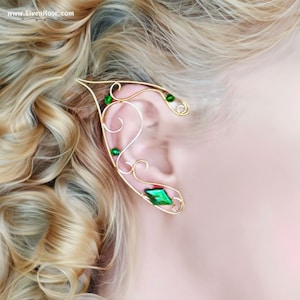 Hellgrüne Elfenohren: Golddraht, Swarovski Kristall Fantasy Ohrklemmen
