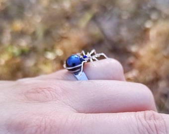 Gothic Spider Ring: Silver Plated Wire & Czech Glass - Adjustable
