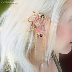 Dragonfly Elf Ear Cuffs – Gold Fairy Ear Wraps with Crystals | Fantasy Cosplay Earrings for LARP, Elven, Woodland or Fae Look