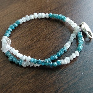 8.00 Cts 1.75 to 2.50 MM Natural Blue & White Raw Rough Diamonds Beads 6.50&quot; Bracelet wt Silver Clasp ! Conflict Free Rough Loose Diamonds