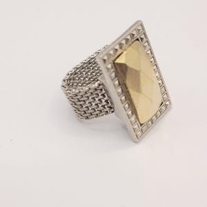 NEW Laundry by Shelli Segal Mesh Ring with Rectangular Marquis Brass Tone Metal in Silver Tone Frame