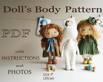Sewing Pattern Doll Body 25cm,  9"Rag Doll Body, Interior Art Doll Handmade, Tutorial Download with photos and instructions, Body Pattern