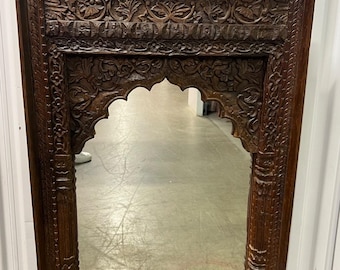 Vintage Inspired Carved Wood Mirror Frame: Rustic Indian Wall Decor