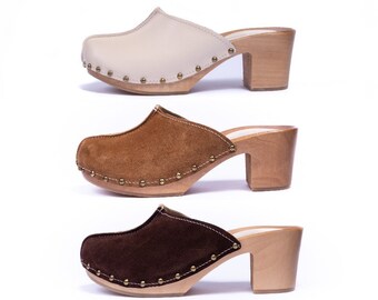heeled clog mules