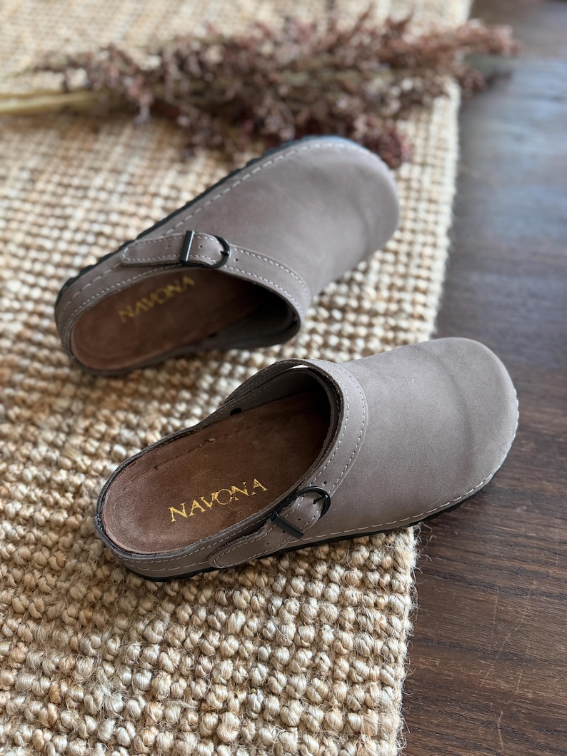 Mila - Wide Toe Box Shoes,Women Barefoot,Anatomical Slip-On,Barefoot Mules,Wide Toe Box Moccasins,Leather Mules,Nubuck Mules,Navona Clogs grey