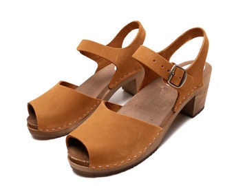 Mia - Sandali svedesi con zoccoli, zoccoli con tacco medio, zoccoli da donna con punta aperta, sandali con zoccoli con cinturino, zoccoli fatti a mano, zoccoli Navona