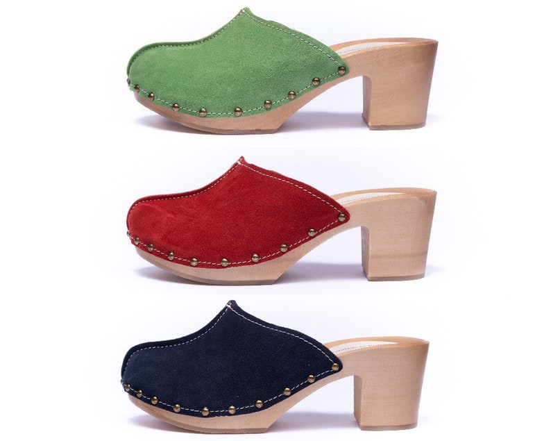 suede clogs with heel