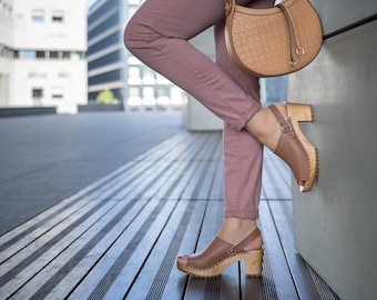 Jana - Swedish Clog Sandals,Mid Heel Clogs,Open Toe Women Clogs,Strappy Clog Sandals,Handmade Clogs,Navona Clogs