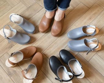Olga - Swedish Clog Sandals,Mid Heel Clogs,Open Toe Women Clogs,Strappy Clog Sandals,Handmade Clogs,Navona CLogs