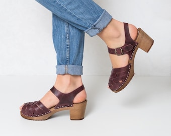 Burgundy Swedish Clogs,Mid Heel Clogs,Peep Toe Brown Clogs, Brown Clog Sandals,Handmade Clogs,Mia Style