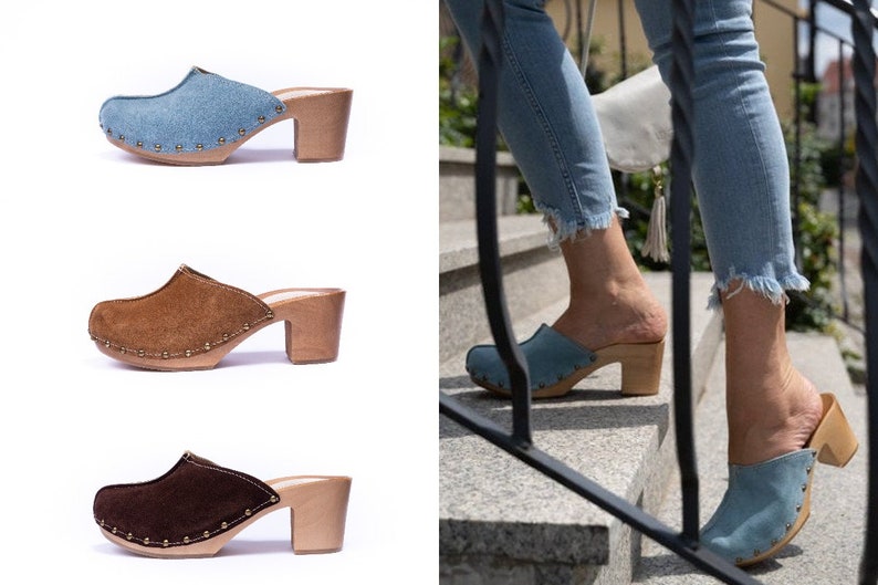 suede clogs with heel