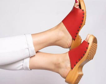 Oldi - Swedish Clogs,Low Heel Clogs,Women Low Clogs,Open Toes Mules,Wooden Platform, Handmade Clogs,Navona Clogs