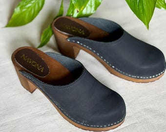 Luca - Black Swedish Clogs,Brown Swedish Mule,Mid Heel Clogs,Wooden Heel Mules,Closed Toes Clogs,Handmade Clogs,Navona Clogs