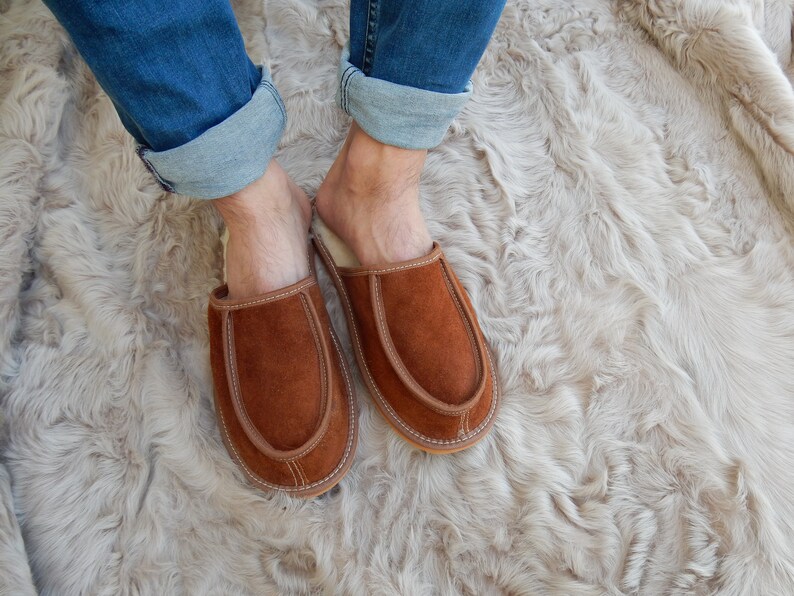 Men leather slippers,Fur slippers,Gift for father,Sheepskin sllippers,Warm slippers,Leather slippers,Men slippers 11,Slippers 10, Fur shoes image 8