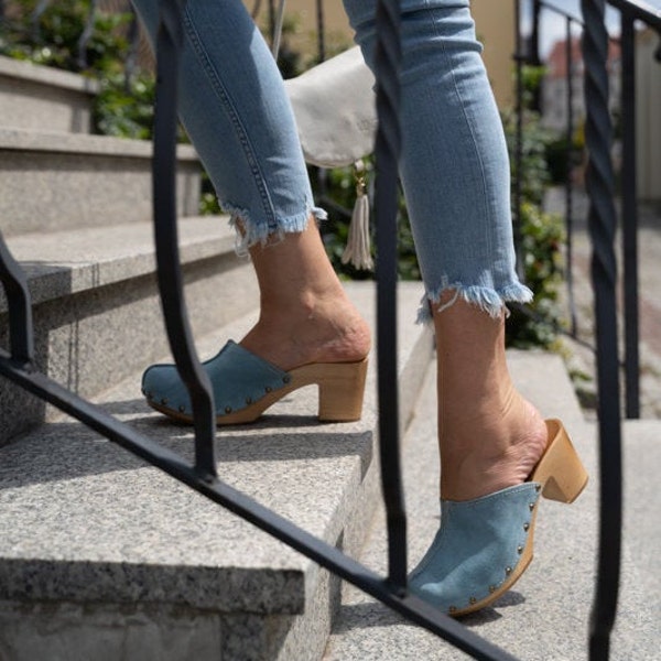suede clogs with heel