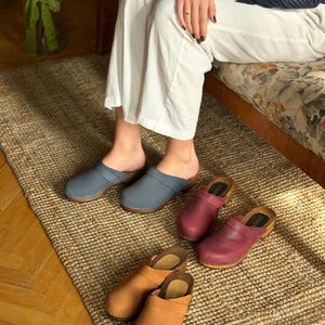 ヌバック スウェーデン クロッグ、ローヒール レザー クロッグ、コニャック レディース クロッグ、クローズド つま先 クロッグ、ブラウン ヌバック クロッグ、バーガンディ クロッグ、ナヴォーナ クロッグ、リナ 画像 6