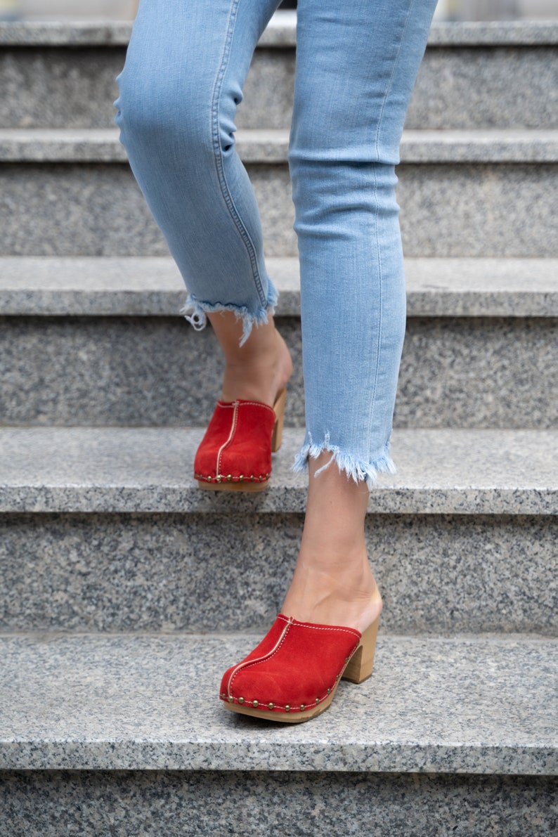 suede clogs with heel