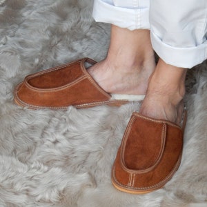 Men leather slippers,Fur slippers,Gift for father,Sheepskin sllippers,Warm slippers,Leather slippers,Men slippers 11,Slippers 10, Fur shoes image 2