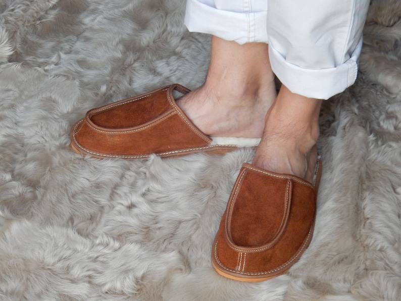 Men leather slippers,Fur slippers,Gift for father,Sheepskin sllippers,Warm slippers,Leather slippers,Men slippers 11,Slippers 10, Fur shoes image 2