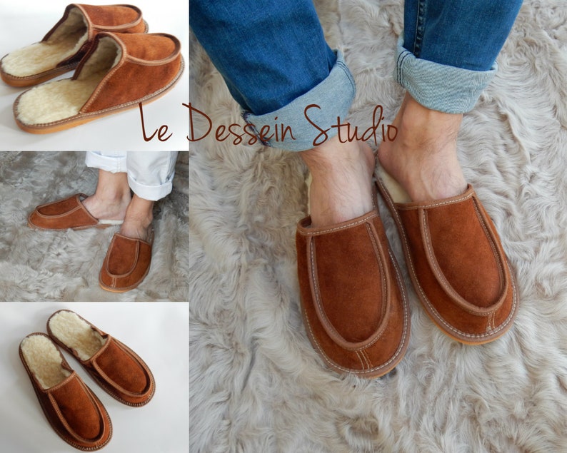 Men leather slippers,Fur slippers,Gift for father,Sheepskin sllippers,Warm slippers,Leather slippers,Men slippers 11,Slippers 10, Fur shoes image 4