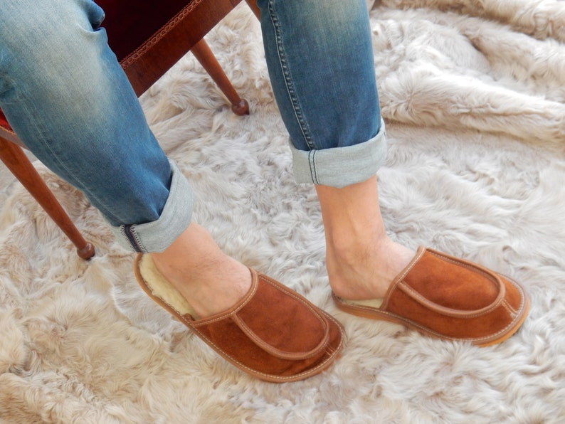 Men leather slippers,Fur slippers,Gift for father,Sheepskin sllippers,Warm slippers,Leather slippers,Men slippers 11,Slippers 10, Fur shoes image 6