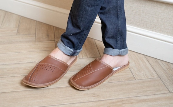 Buy Ready to Ship leather Slippers men Slippers gift for Him brown