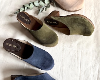 Luca - Swedish Clogs Mule,Mid Heel Clogs,Women Clogs,Wooden Heel Mules,Closed Toes Clogs,Handmade Clogs,Navona Clogs