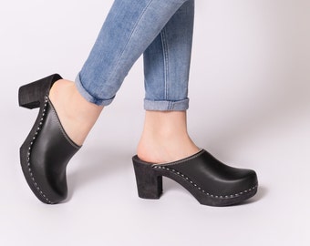 Nuevos tellos de tacón Mujeres zuecos de cuero zuecos Mujeres zapatos Zuel mujeres cuero mujeres zapatos Mujeres mocasíns Mujeres botas suecos zuecos negro talón