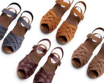 Nubuck Clog Sandals,Brown Mid Heel Clogs,Peep Toe Women Clogs,Burgundy Clog Sandals,Navy Blue Clogs,Navona Clogs, Mia