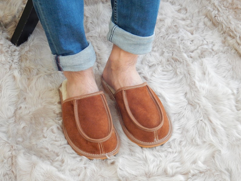 Men leather slippers,Fur slippers,Gift for father,Sheepskin sllippers,Warm slippers,Leather slippers,Men slippers 11,Slippers 10, Fur shoes image 9