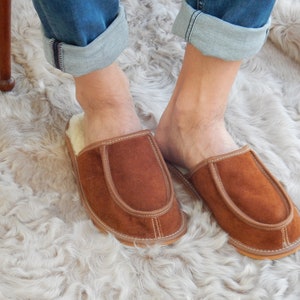 Men leather slippers,Fur slippers,Gift for father,Sheepskin sllippers,Warm slippers,Leather slippers,Men slippers 11,Slippers 10, Fur shoes image 10