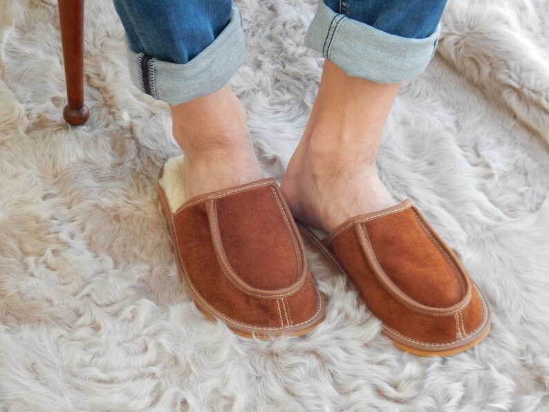 Men leather slippers,Fur slippers,Gift for father,Sheepskin sllippers,Warm slippers,Leather slippers,Men slippers 11,Slippers 10, Fur shoes image 10