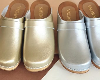 Golden Swedish Clogs,Silver Mule Clogs,Swedish Clogs,Women Mule,Low Heel Clogs,Silver Mule Clogs,Gold Mule, Rina