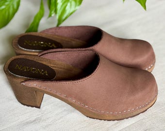 Luca - Swedish Clogs,Women Clogs,Mid Heel Swedish Clogs,Mule Clogs,Wooden Heel Mules,Closed Toes Clogs,Handmade Clogs,Navona Clogs
